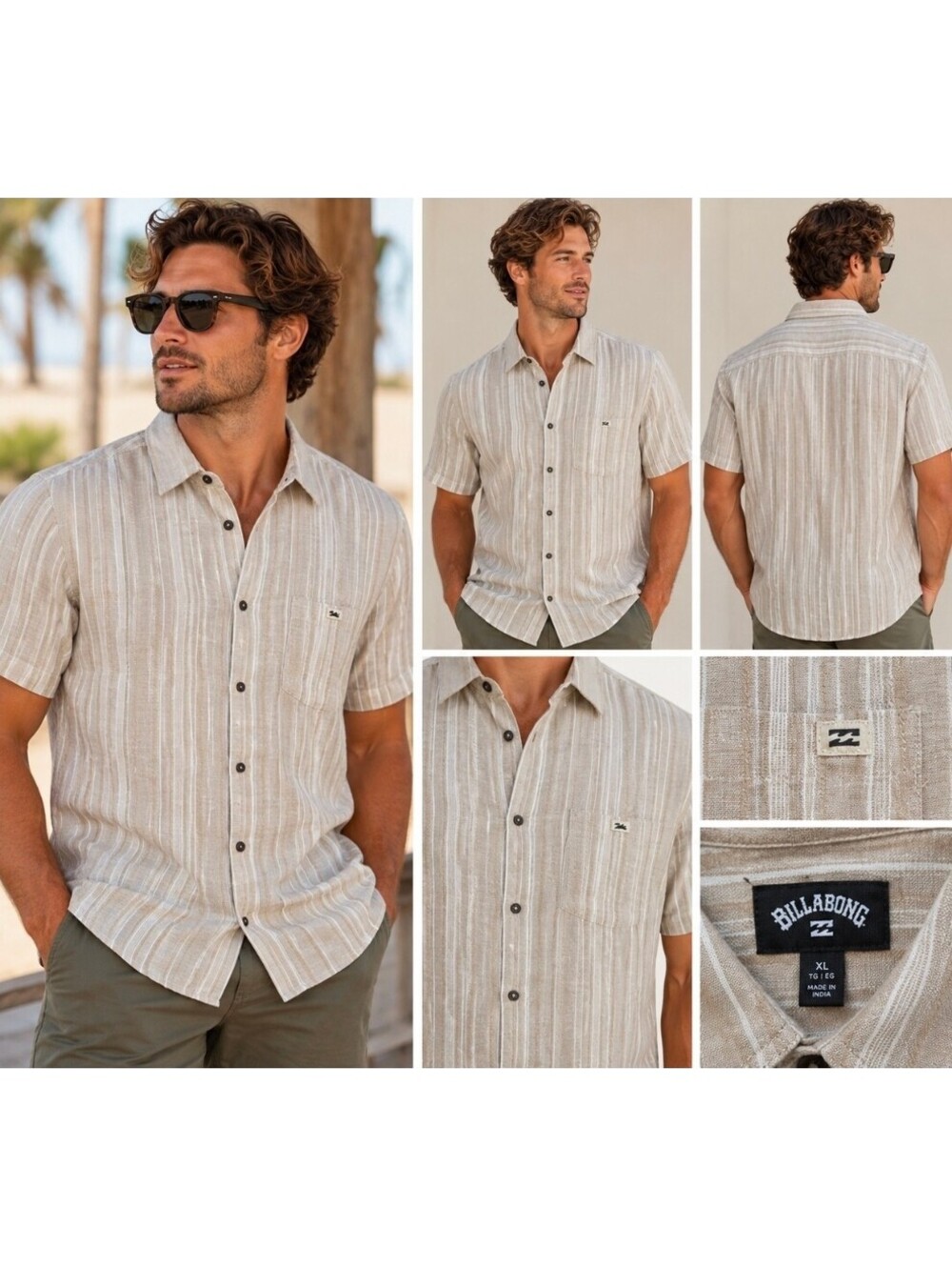 Billabong Men’s XL Hemp Cotton Shirt Tan White Stripe Short Sleeve Button Up